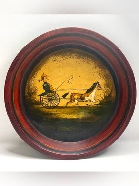 PETER OMPIR Signed Vintage Folk Art Hand Painted Tin Deep Tray Horse and Driver